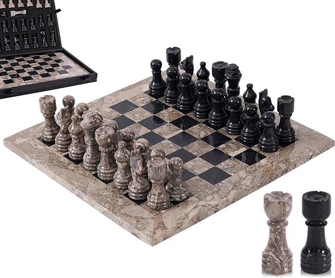 Marble Chess Set 12 Inch Handmade Oceanic  Black Board Game with Storage Box, Classic Travel Chess Set for Adults with Pieces  2 Extra Queens, Elegant Gift  Home Decor