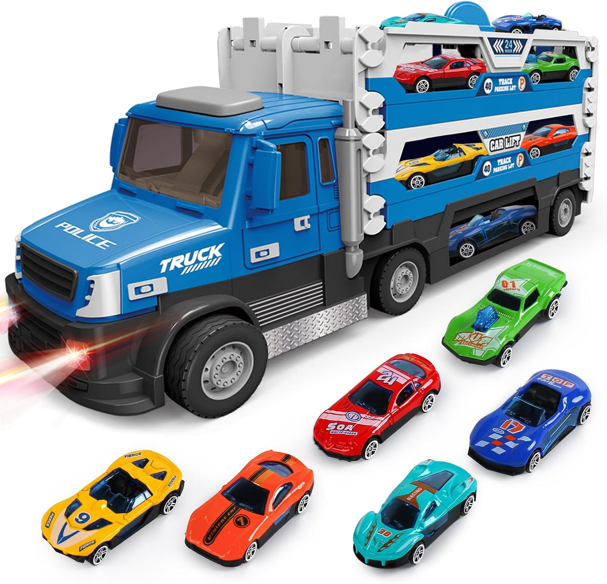 DOWELLIN 6 in 1 Transport Truck Toys for Kids, Police Trucks Carrier Cars with 6Pcs Metal Race Car with Light&Sounds, Toddler Vehicles Toys Gifts for Boys Girls Age 3 4 5 6 7 8-Blue