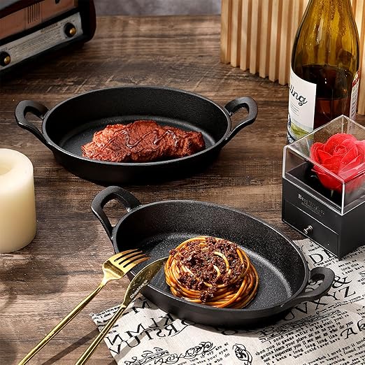Mifoci 2 Pcs Oval Serving Dish Mini Cast Iron Skillet Cast Iron Baking Pan Sizzling Plate Matte Black Gratin Cookware for Home Restaurant Kitchen Food Service Barbecue (10.8 x 6.1 Inch)