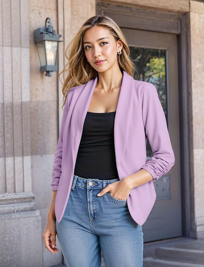 Hybrid  Company Lightweight Open Front Cardigan Classic Ruched Sleeve Work Office Blazer Suit Jackets