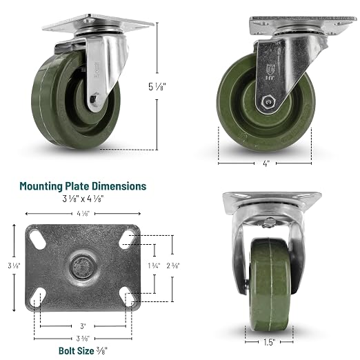 Original Patented High Temperature Oven Rack Caster, 4" x 1-1/2" Green Epoxy Wheel, Swivel Plate 3-1/8" x 4-1/8", 500 lb Capacity, -20 F to 475 F, Food Safe, Z20P2431NGD (Used. Item has cosmetic scratches)