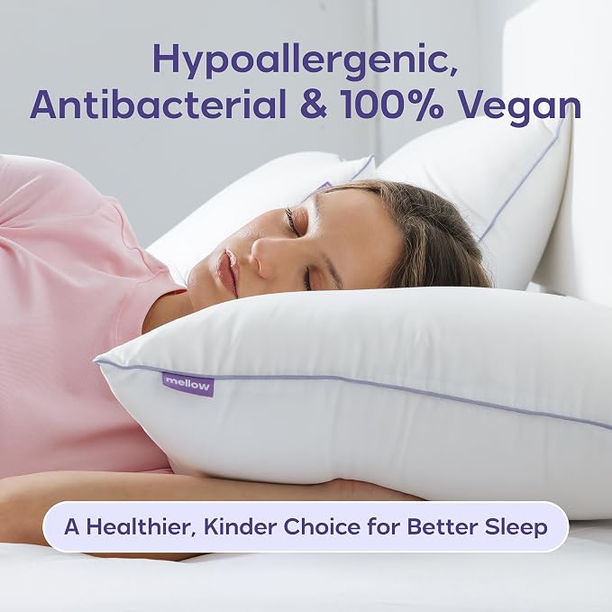 Mellow Hotel Pillow — Waterproof & Stain-Resistant Down-Alternative Bed Pillow, Hypoallergenic Oeko-TEX® Cover, Machine Washable, Stays Fluffy, Support for Side/Back/Stomach Sleepers (Standard)