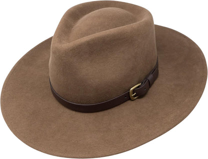 B&S Premium Lewis - Wide Brim Fedora Hat - 100% Wool Felt - Water Resistant - Leather Band