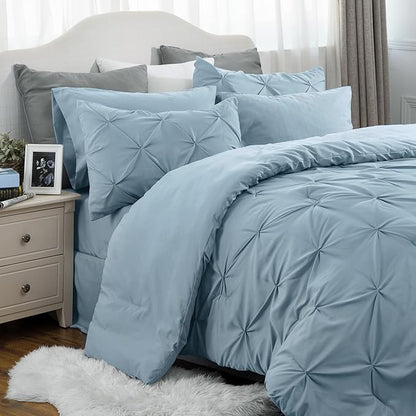 Bedsure King Size Comforter Set Light Blue - Bed in a Bag King Size 7 Pieces, GentleSoftTM Pintuck Bed Set Gift for Family, Pinch Pleat Light Blue Comforter with Sheets, Pillowcases  Shams