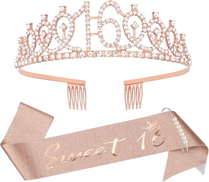 16th Birthday Crown and Sash Kit- "Sweet 16"Birthday Decorations 16th Birthday Party Gifts Birthday Party Supplies for Girls (rose gold)