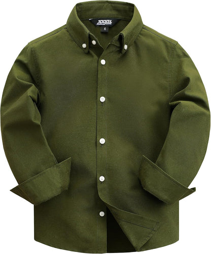 JOGAL Boys Long Sleeve Dress Shirts Oxford Solid Button Down Shirts for 6-14 Years