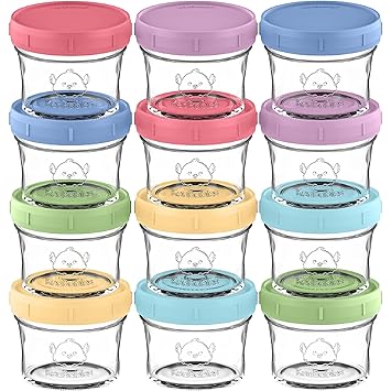 KeaBabies 12pk 4oz Glass Baby Food Containers - Leak-Proof, Microwavable Small Baby Glass Jars with Lids, Baby Food Storage Containers, Baby Snack Containers, BPA-Free Baby Food Jars (Nord)