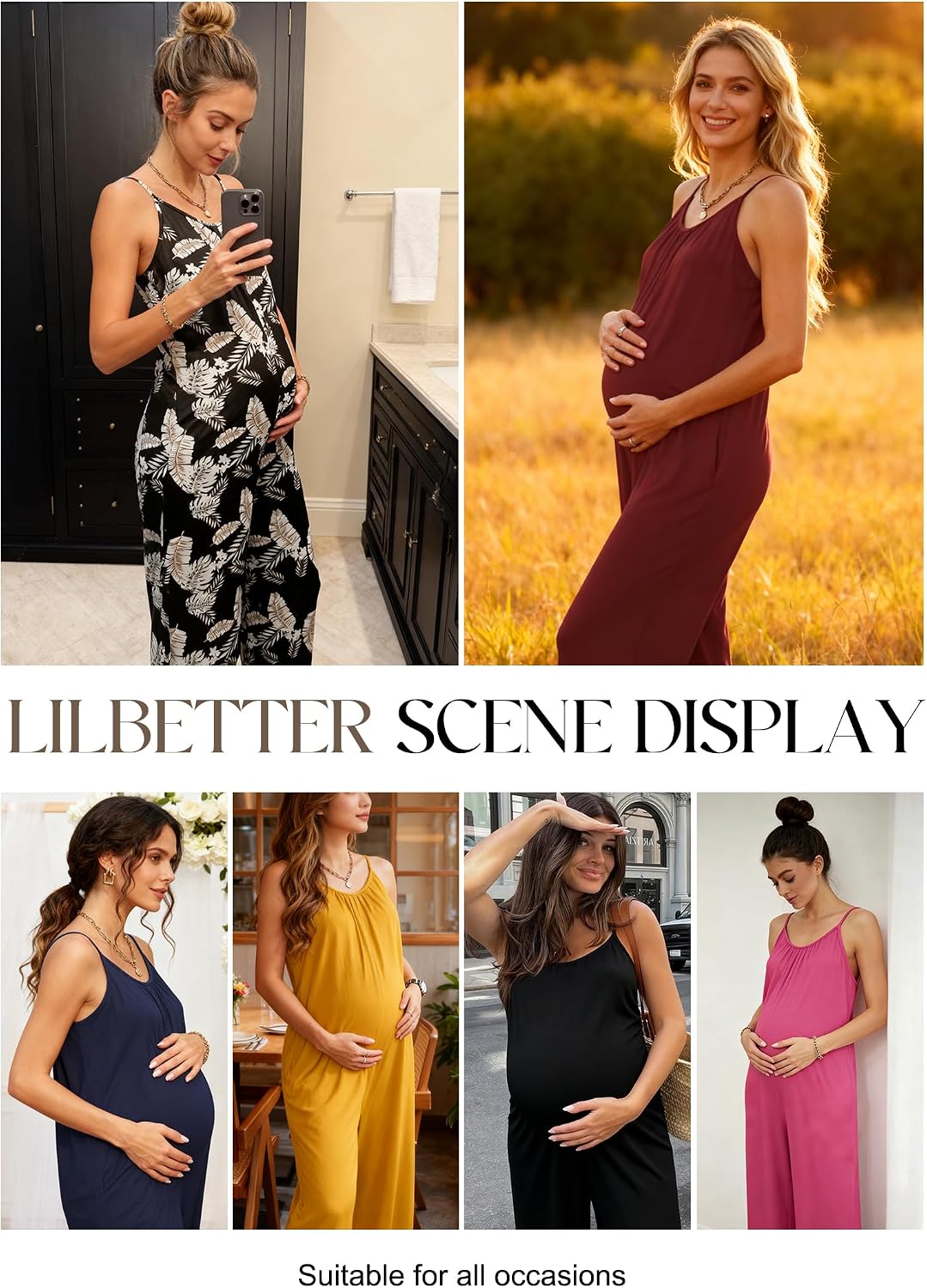 LILBETTER Women Jumpsuits Casual Sleeveless Spaghetti Strap Boho Wide Leg Rompers with Pockets.