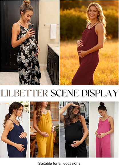 LILBETTER Women Jumpsuits Casual Sleeveless Spaghetti Strap Boho Wide Leg Rompers with Pockets.