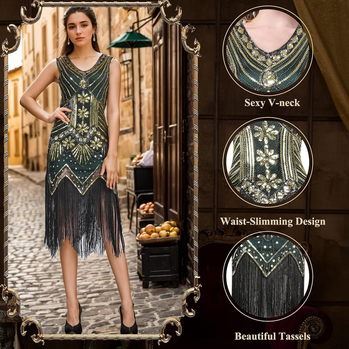 FEPITO 1920s Flapper Dresses for Women, Fringed Sequin | Great Gatsby Dress with 20s Accessories, Roaring 20s Costume