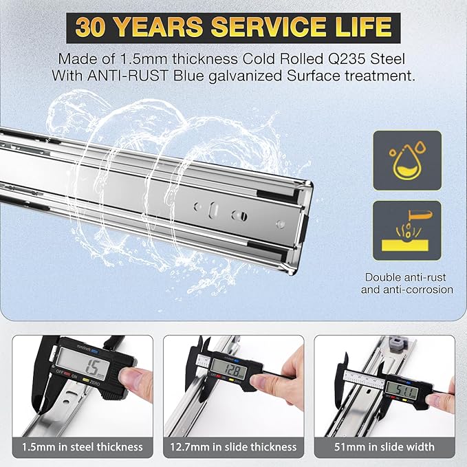 YENUO Heavy Duty Drawer Slides Full Extension Side Mount 12 14 16 18 20 22 24 26 28 30 32 34 36 40 Inch Metal Rails Track Guide Glides Runners 150 Lbs 1 Pair (Without Lock, 20 inch)