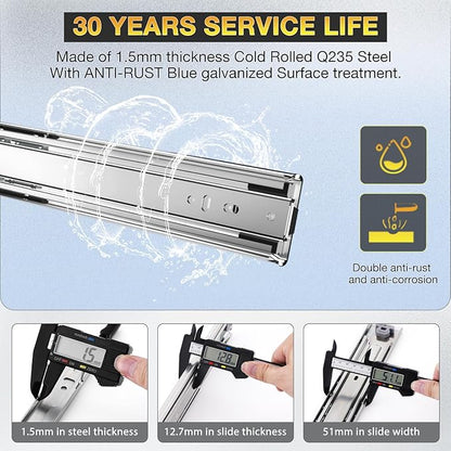 YENUO Heavy Duty Drawer Slides Full Extension Side Mount 12 14 16 18 20 22 24 26 28 30 32 34 36 40 Inch Metal Rails Track Guide Glides Runners 150 Lbs 1 Pair (Without Lock, 20 inch)