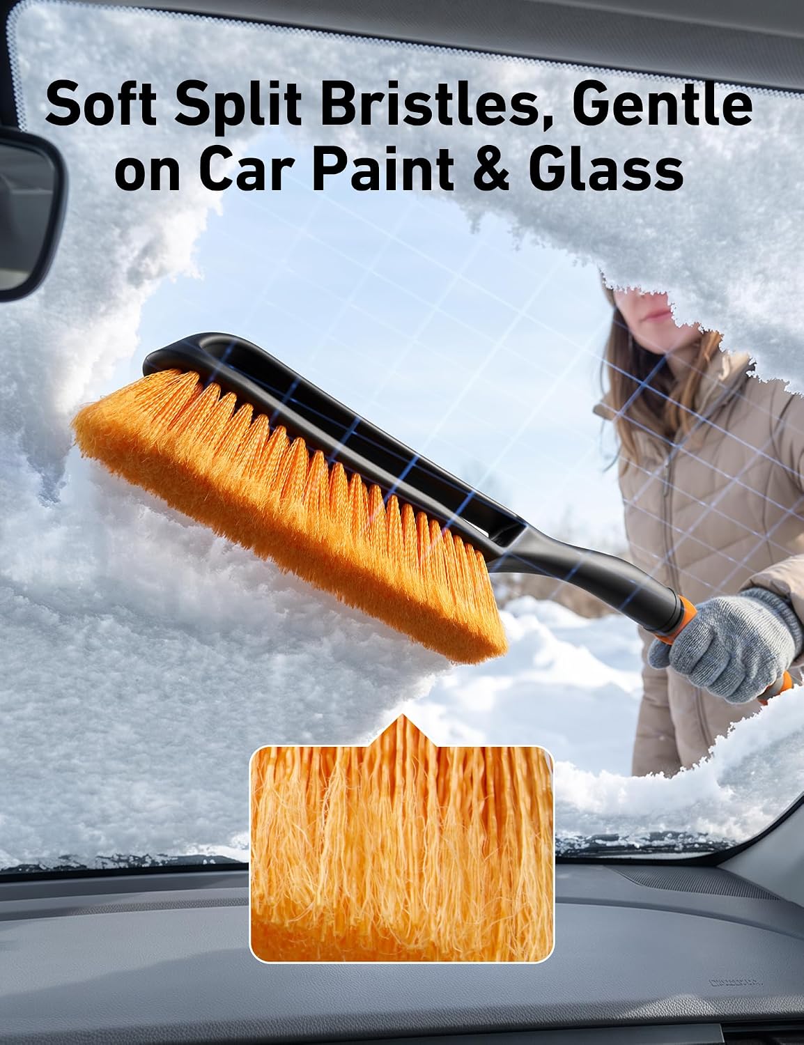 AstroAI 27" Snow Brush and Ice Scrapers for Car Windshield, Detachable Snow Scrapers with Ergonomic Foam Grip for Cars, Trucks, SUVs (Heavy Duty ABS, PVC Brush, Orange)