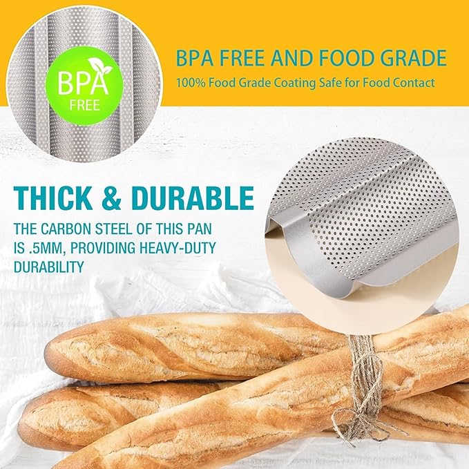 Hesanzol Baguette Pans for Baking 15" x 11", 3 Loaf Carbon Steel French Bread Pan Nonstick Perforated Baguette Baking Tray Silver
