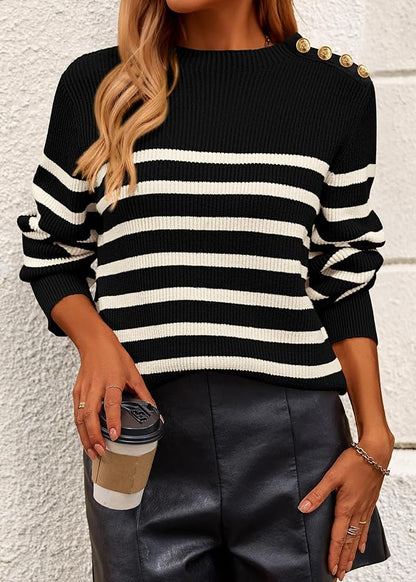 KIRUNDO Women's Striped Sweaters 2024 Fall Winter Outfits Crewneck Ribbed Knit Pullover Trendy Tops with Metal Buttons