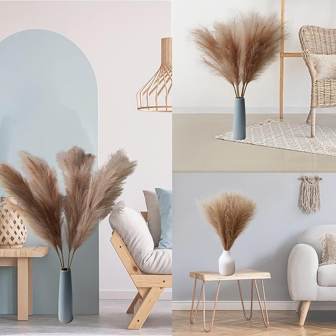 4pcs Faux Pampas Grass Tall 43” / 3.6ft, Non-Shedding Large Artificial Fluffy Reed Fake Flower Feather Arrangement for Floor Vase Filler Boho Farmhouse Home Wedding Decor (Light Brown)
