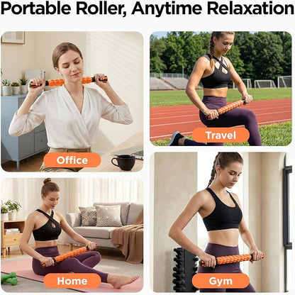 Muscle Roller & Massage Roller Stick for Athletes - Lymphatic Drainage Support, Relieves Muscle Soreness, Cramping & Tightness - Targets Legs, Arms, Back & Calves (Orange Wheel)