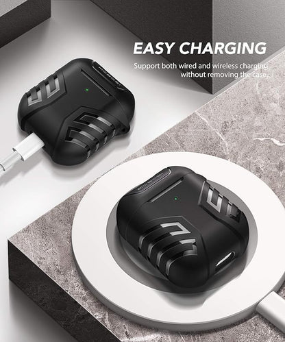 MOBOSI Military Cover Designed for AirPods 2  1, Full-Body Protective Vanguard Armor Series Case with Keychain, Wireless Charging Case, Black Front LED Visible