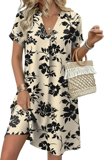Summer Dresses for Women Short Sleeve Shift Dress V Neck Casual Mini Beach Vacation Boho Sundress with Pockets
