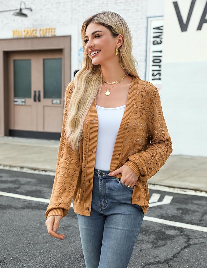 Zeagoo Women's Lightweight Crochet Cropped Cardigan 2024 V Neck Long Sleeve Button up Bolero Shrug Sweater