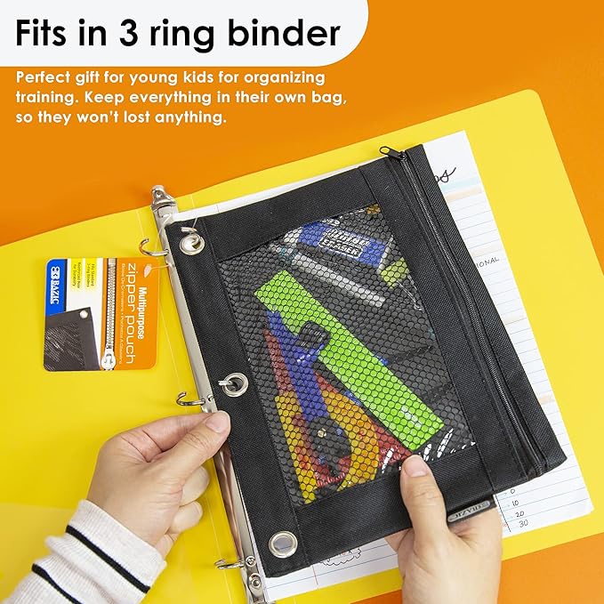 BAZIC Pencil Pouch 3 Ring Binder Pouch w Rivet Enforced Rings Hole, Black Mesh Window Zipper Pouches, 1-Count