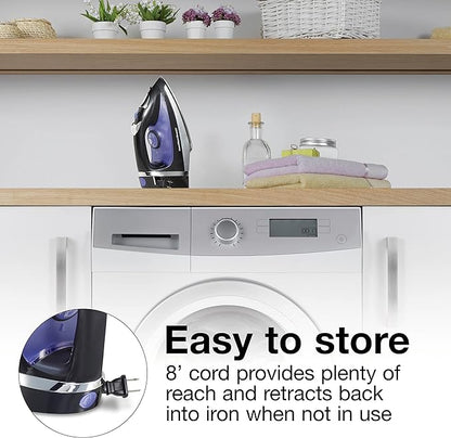 Hamilton Beach Steam Iron for Clothes  Garment Steamer with Smooth Press Stainless Steel Soleplate, 1200 Watts, 8Ao Retractable Cord, Black (14214)