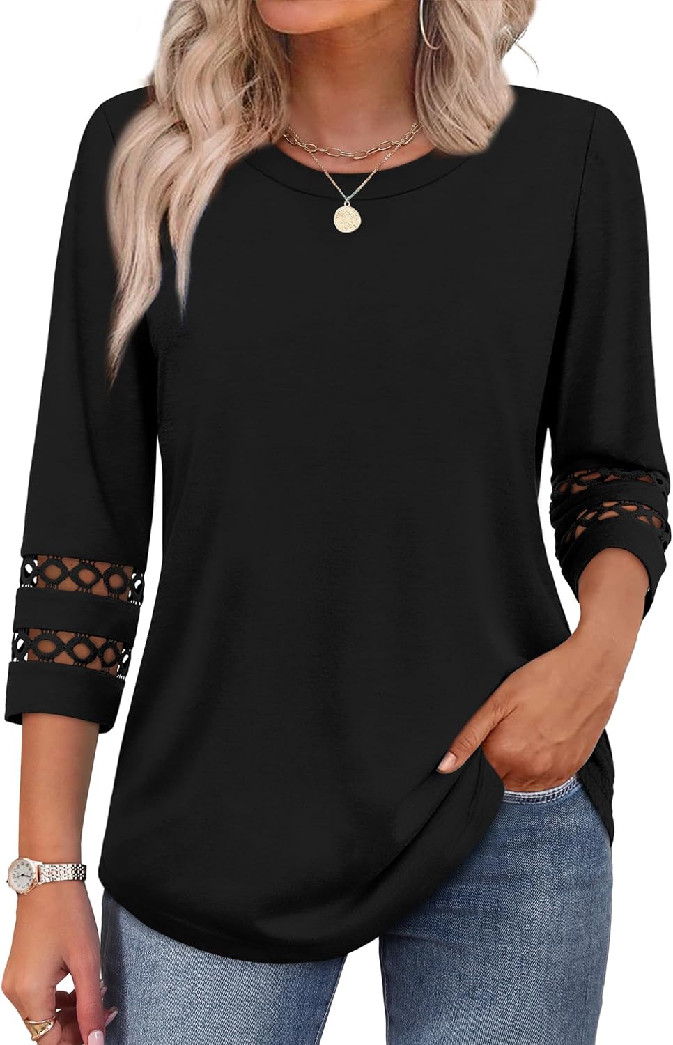 XIEERDUO 3/4 Length Sleeve Womens Tops and Blouses Dressy Casual Crewneck T Shirts Fashion Clothes Loose Fit Trendy