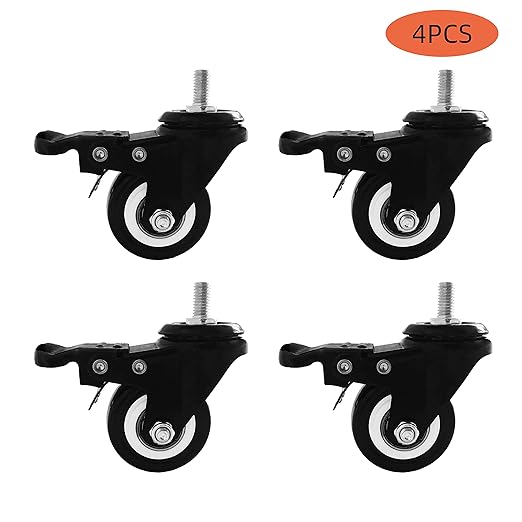 VWINDESK 2 inch M8(0.315'' ?) 15mm Threaded Locking Caster Wheels, Set of 4, Swivel, Polyurethane PU Swivel Ball Casters with 360 Degree Top Plate 220lb Total Capacity, Brake, Used for Standing Desk