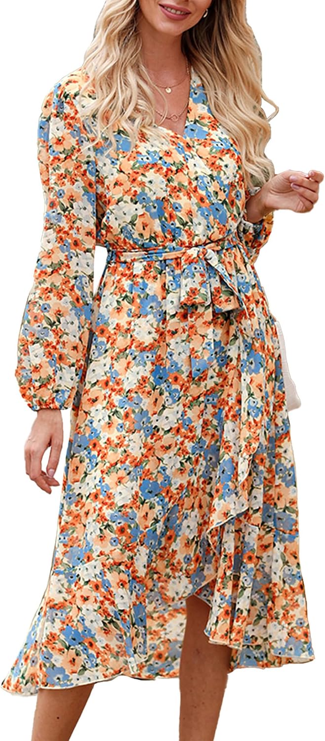 PRETTYGARDEN Women's Floral Boho Dress Fall Long Sleeve Wrap V Neck Ruffle Flowy Maxi Spring Wedding Guest Vacation Dresses