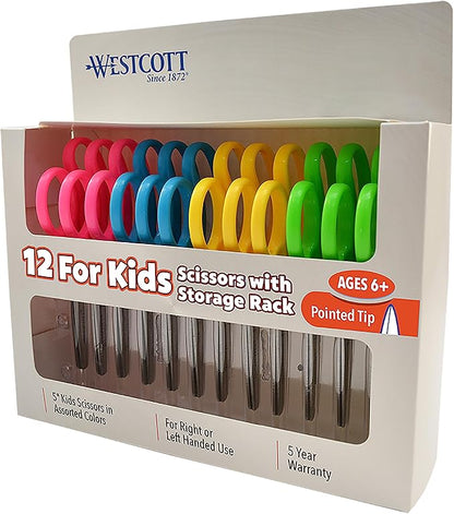 Westcott Right- & Left-Handed Scissors For Kids, 5'' Pointed Safety Scissors, Assorted, 12 Pack (13141)