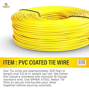 PVC Rebar Tie Wire  16 Gauge  3.0lb Roll  Approx. 300 ft Length  Rust-Proof PVC Coated  Excellent Strength  Flexible  Durable (Yellow PVC Coated, Pack of 1)