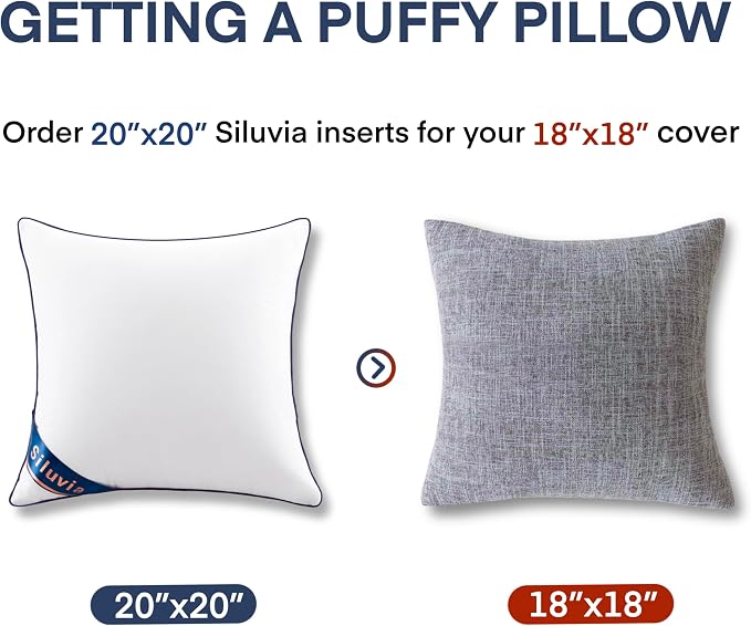 Siluvia 20"x20" Pillow Insert Set of 1 Decorative Square Square Throw 20 Pillows with 100% Cotton Cover for Sofa, Couch, and Bed - White