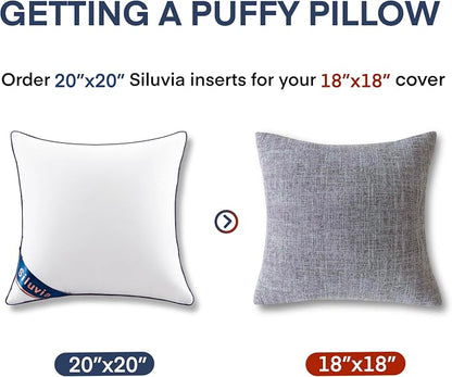 Siluvia 20"x20" Pillow Insert Set of 1 Decorative Square Square Throw 20 Pillows with 100% Cotton Cover for Sofa, Couch, and Bed - White