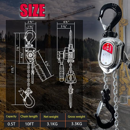 YATOINTO 1/2 Ton 1100lbs Chrome Mini Lever Block 3M 10Ft Come Along Manual Chain Hoist Steel G80 Puller Hoist with Hook for Building