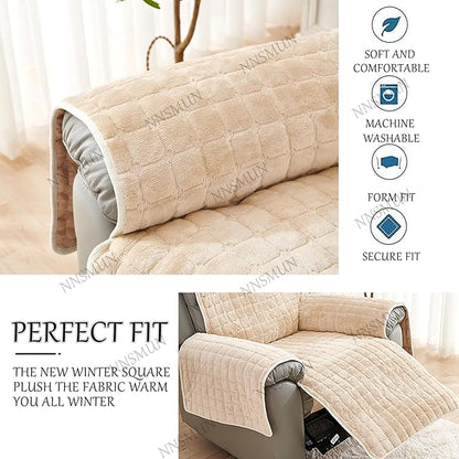 Sofa Armrest Cover, Headrest Cover for Recliner Chair Arm Cover, Winter Square Plush Armchair Slipcover Nonslip Furniture Protector for Pets Leather Sofa Couch (Beige,1 seat(53 * 190CM))