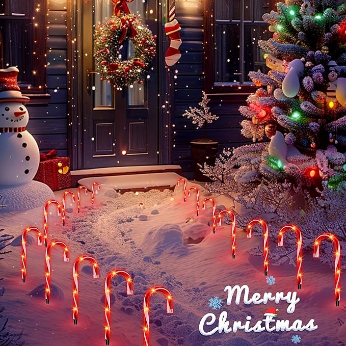 10" Christmas Candy Cane Lights (10PCS) for Landscape Decoration,Red  White Pathway Makers Lights (Include Stakes)