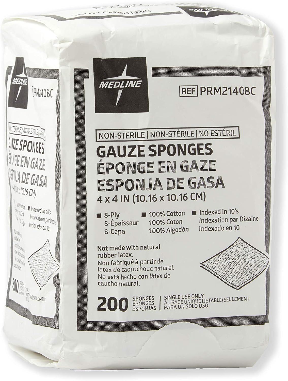 Medline 4 x 4 inch Gauze Sponges, 100% Cotton, 8-Ply Woven Non-Sterile Gauze (Pack of 200) (Packaging looks different)