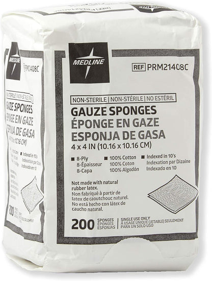 Medline 4 x 4 inch Gauze Sponges, 100% Cotton, 8-Ply Woven Non-Sterile Gauze (Pack of 200) (Packaging looks different)