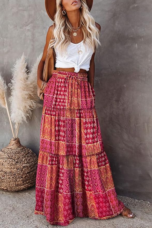 Happy Sailed Womens Floral Print Boho Maxi Skirt Elastic High Waist Pleated Ruffle Flowy Long Skirts S-XL