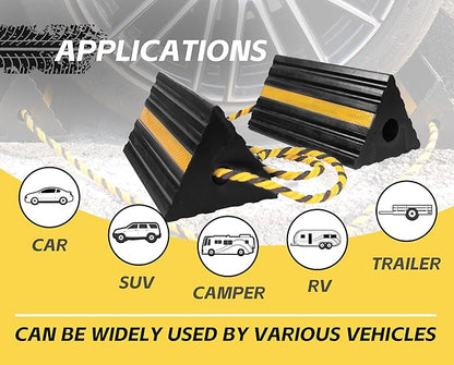 MaxxHaul 50019 Heavy Duty 3-Sided Rubber Wheel Chock with Yellow Reflective Strips and Nylon Rope and Non-Slip Base - 1 Pair