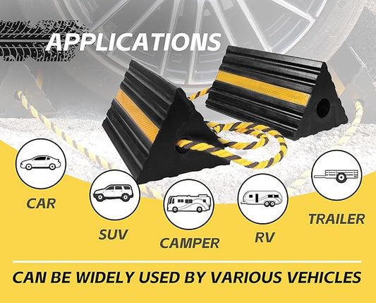 MaxxHaul 50019 Heavy Duty 3-Sided Rubber Wheel Chock with Yellow Reflective Strips and Nylon Rope and Non-Slip Base - 1 Pair