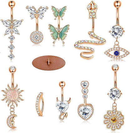 JeryWe 10 Pcs Belly Button Rings Clicker Belly Ring for Women 14G Belly Button Rings Dangling Snake Evil Eye Heart CZ Butterfly Flower Belly Rings Surgical Steel Navel Rings Body Piercing Jewelry