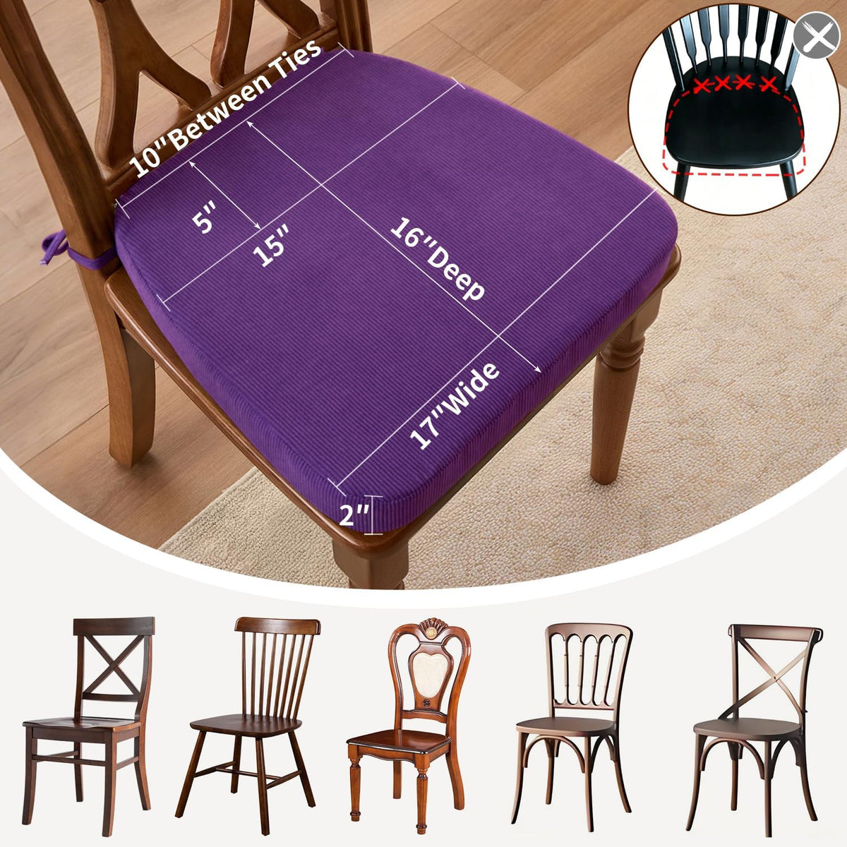 Dining Chair Cushions Set of 2-2" Thick High-Density Foam Chair Pads with Ties and Non-Slip Bottom, Removable Washable Cover for Dining and Kitchen, 17"x16", Purple