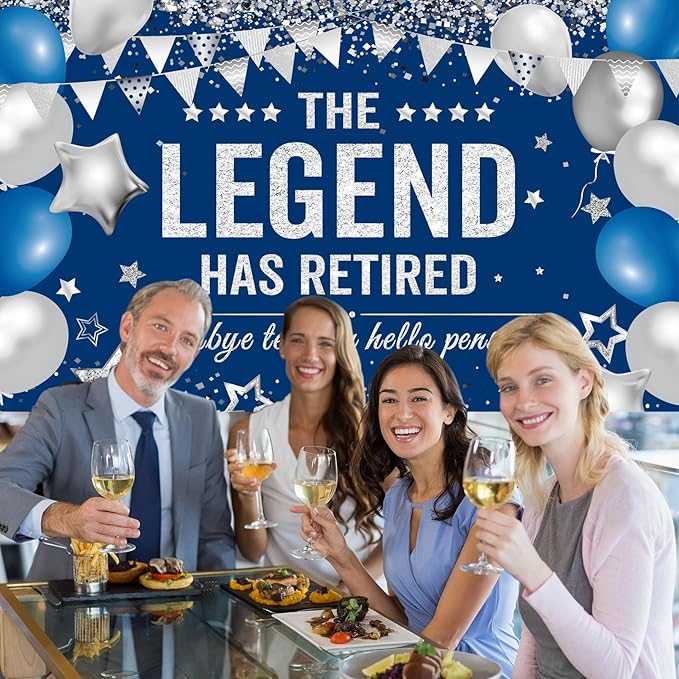 Retirement Banner Party Decortions The Legend Has Retired Banner Decor for Men Woman Coworker, Blue Silver Farewell Send-Off Backdrop Retirement Party Supplies