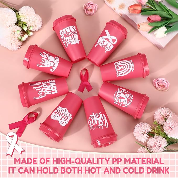 LemonRoad 24 Pcs Breast Cancer Awareness Plastic Tumblers with Lids 16oz Pink Ribbon Coffee Cups for Women Breast Cancer Survivor Gifts Party Event Supplies
