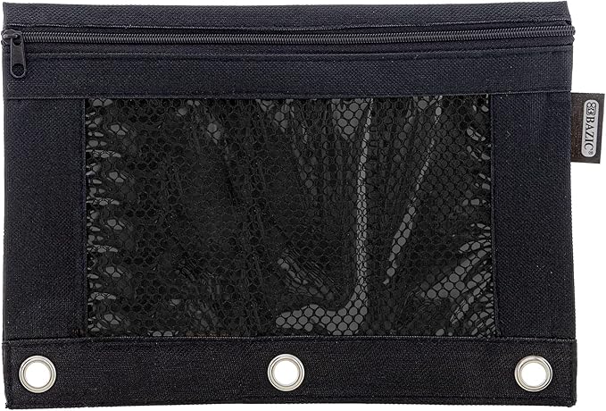 BAZIC Pencil Pouch 3 Ring Binder Pouch w Rivet Enforced Rings Hole, Black Mesh Window Zipper Pouches, 1-Count