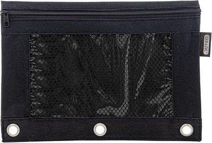 BAZIC Pencil Pouch 3 Ring Binder Pouch w Rivet Enforced Rings Hole, Black Mesh Window Zipper Pouches, 1-Count
