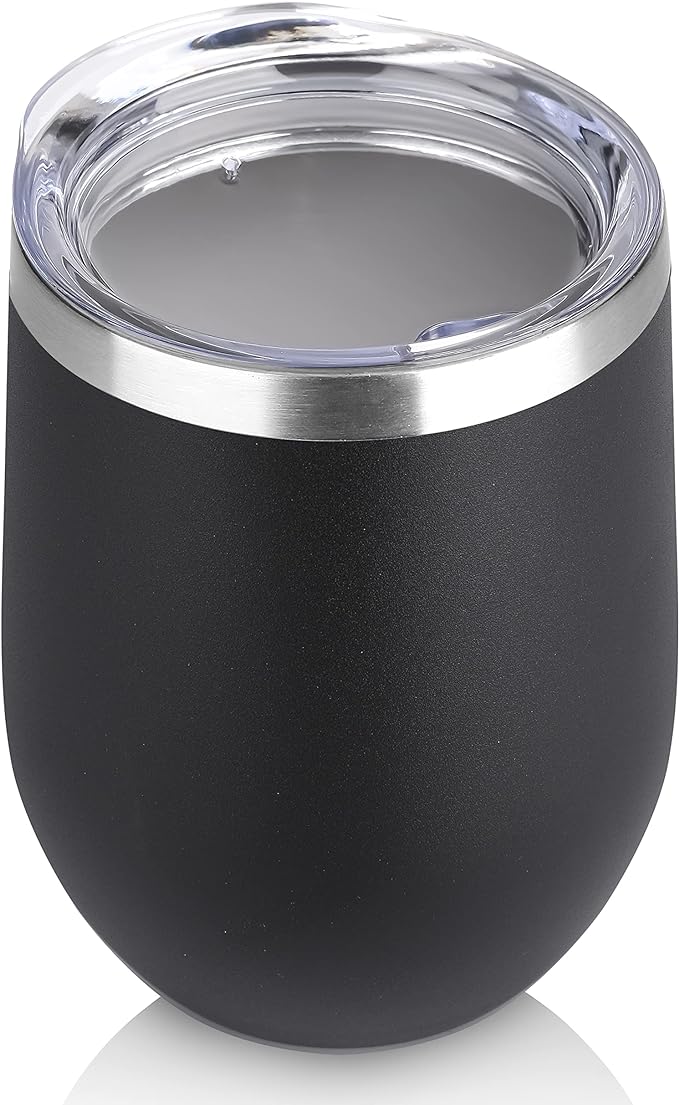 DOMICARE Stainless Steel Wine Tumbler Bulk with Lid, Personalized Insulated Tumblers Set, 12oz Travel Coffee Cups Pack of 1, Black