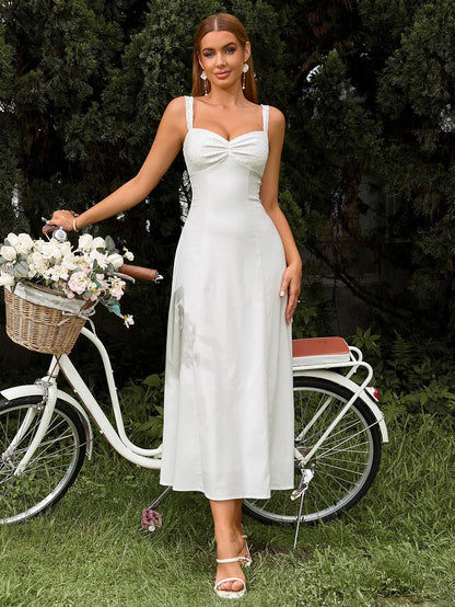 EYNMIN Lace Strap Midi Dress Sweetheart Neckline Bow Tie Backless A Line Wedding Guest Dresses for Women Casual Sundress