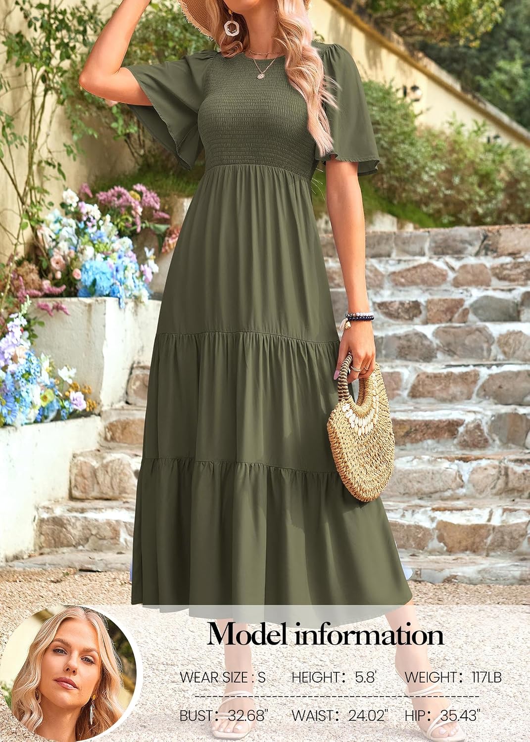 KIRUNDO Summer Dresses for Women 2026 Spring Casual Flutter Short Sleeve Wedding Guest Smocked Flowy Tiered Aline Midi Dress
